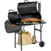 Outsunny Portable Outdoor Charcoal BBQ Grill with Offset Smoker, Barbecue Grill with Spacious Cooking Area, 2 Shelves, Thermometer, Wheels for Patio Backyard Party, Black(m-11)