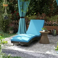 Outsunny Patio Wicker Chaise Lounge Chair, Outdoor PE Rattan Sun lounger with Adjustable Backrest and 2 Wheels, Sky Blue(m-2)
