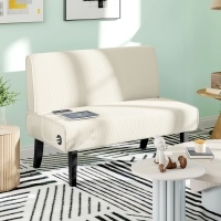 HOMCOM 46.5" Loveseat Couch with USB Ports, Corduroy Love Seat Sofa with Wood Legs for Living Room, Bedroom, Small Space, Cream