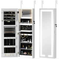 HOMCOM LED Lighted Jewellery Armoire with Mirror Jewellery Cabinet with Storage Lockable Door/Wall Mounted Jewellery Organizer, White(m-2)