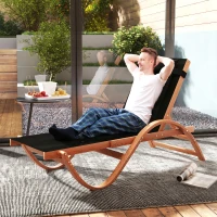 Outsunny Larch Wood Lounge Chair, 4-Level Adjustable Tanning Chair, Full Flat Patio Lounger with Mesh Seat, Black(m-2)