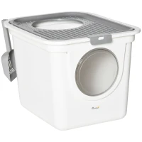 PawHut Covered Cat Litter Box, Easy Cleaning Kitty Litter Box with Front Entrance, Top Exit, Scoop, for Odor Control, White(m-11)