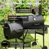 Outsunny Portable Outdoor Charcoal BBQ Grill with Offset Smoker, Barbecue Grill with Spacious Cooking Area, 2 Shelves, Thermometer, Wheels for Patio Backyard Party, Black(m-6)