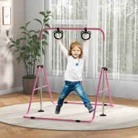 Qaba Kids Gymnastics Bar, Adjustable Height Folding Horizontal Bar with Gymnastics Rings, Non-slip Rubber Floor Rings, Pink(m-1)