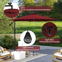 Outsunny 10ft Outdoor Cantilever Umbrella Banana Umbrella with Solar Lights and Adjustable Angle for Patio Backyard Wine Red(m-6)