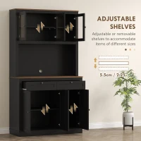 HOMCOM 71" Pantry Cabinet with Microwave Space, Buffet with Hutch, 2 Drawers, Adjustable Shelves and Glass Doors, Black(m-5)