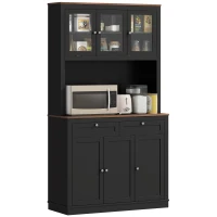 HOMCOM 71" Pantry Cabinet with Microwave Space, Buffet with Hutch, 2 Drawers, Adjustable Shelves and Glass Doors, Black(m-2)