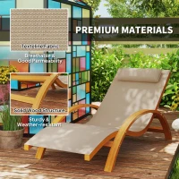 Outsunny Outdoor Wood Chaise Lounge Chair Recliner Patio Camping with Headrest, Teak & Light Khaki(m-5)