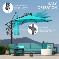Outsunny 10ft Outdoor Cantilever Umbrella Banana Umbrella with Solar Lights and Adjustable Angle for Patio Backyard Turquoise(m-5)