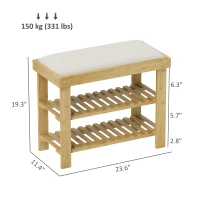 HOMCOM Bamboo Shoe Storage Bench, 3-Tier Entryway Bench with Cushion, Shoe Organizer for Entryway, Hallway, Cream White(m-3)