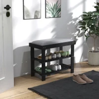 HOMCOM Bamboo Shoe Storage Bench, 3-Tier Entryway Bench with Cushion, Shoe Organizer for Entryway, Hallway, Black(m-2)