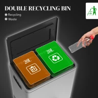 HOMCOM 2 x 20 Liter Garbage Bin, Stainless Steel Garbage Can with Soft-Close Lid and Removable Inner Buckets, Silver(m-4)