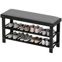 HOMCOM Bamboo Shoe Storage Bench, 3-Tier Entryway Bench with Cushion, Shoe Organizer for Entryway, Hallway, Black(m-1)