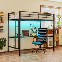 HOMCOM Twin Size Loft Bed with Desk, LED Lights, Charging Station, Twin Metal Loft Bed Frame with Ladder, Black(m-2)