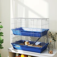 PawHut Metal Small Animal Cage, 2-Tier Guinea Pig Cage with 2 Doors, Platforms, Wide Ramp, Dish and Bottle, Deep Base, for Ferrets, Chinchillas, Bunnies, Blue(m-8)