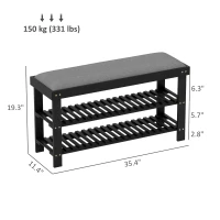 HOMCOM Bamboo Shoe Storage Bench, 3-Tier Entryway Bench with Cushion, Shoe Organizer for Entryway, Hallway, Black(m-3)