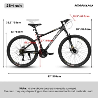 26" Mountain Bike with 21-Speed High-Carbon Steel Frame, Dual Disc Brakes, Adjustable Seatpost, 67" L x 26.5" W x 38.5" H, Black+Gray(m-3)
