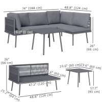 Outsunny 3 Pieces Outdoor Furniture Set, L Shaped Wicker Patio Furniture Conversation Set with Cushions, Steel Table, Grey(m-3)