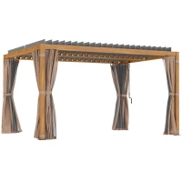 Outsunny 10' x 13' Outdoor Retractable Pergola w/ Sun Shade Louvered Top, Pergola w/ Canopy, Curtains, Netting, Natural Wood(m-11)