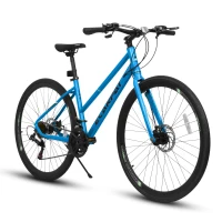 21-Speed 700C Wheels Hybrid Road Bike for Adults, Steel Frame with Dual-Disc Brakes, 85% Pre-Assembled, 68" L x 27.5" W x 37.5" H, Black+Blue(m-2)