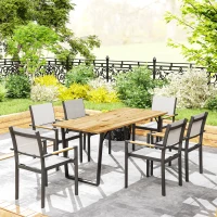 Outsunny Wooden Outdoor Dining Table for 6 with 2" Umbrella Hole, Slatted Tabletop, Metal Frame, for Yard, Deck, Lawn(m-9)