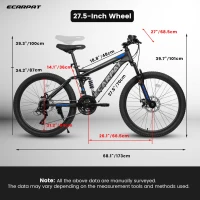27.5" High Carbon Steel Mountain Bike with Disc Brakes, Grip Shifter, Front Fork, Shock Absorber, 21-Speed Full Suspension Trail Commuter, Black(m-3)