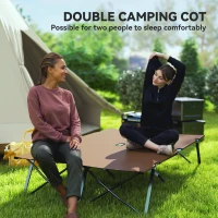 Outsunny 76" Two Person Folding Camping Cot Outdoor Portable Double Cot Wide Military Sleeping Bed w/ Carrying Bag Khaki(m-6)