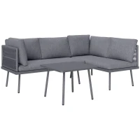 Outsunny 3 Pieces Outdoor Furniture Set, L Shaped Wicker Patio Furniture Conversation Set with Cushions, Steel Table, Grey(m-2)