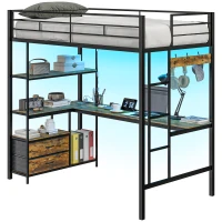 HOMCOM Twin Size Loft Bed with Desk, LED Lights, Charging Station, Twin Metal Loft Bed Frame with Storage, Black(m-11)