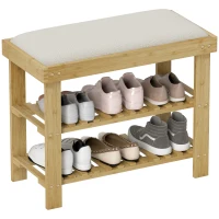 HOMCOM Bamboo Shoe Storage Bench, 3-Tier Entryway Bench with Cushion, Shoe Organizer for Entryway, Hallway, Cream White(m-11)