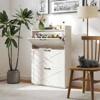 HOMCOM Narrow Shoe Storage Cabinet Farmhouse Shoe Cabinet with 3 Flip Drawers Adjustable Shelves for Entryway White Oak(m-9)