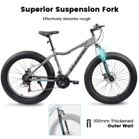 26" Fat Tire Mountain Bike with 21-Speed Drivetrain, High Carbon Steel Frame, Shock Absorbing Design, 74" L x 27.5" W x 41.5" H, Gray(m-4)