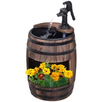 Outsunny 23" H Outdoor Water Fountain Wood and Plastic Rustic Apple Barrel Pump Garden Decor for Outside Backyard(m-1)