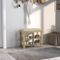 HOMCOM Bamboo Shoe Storage Bench, 3-Tier Entryway Bench with Cushion, Shoe Organizer for Entryway, Hallway, Cream White(m-10)