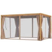 Outsunny 10' x 13' Outdoor Retractable Pergola w/ Sun Shade Louvered Top, Pergola w/ Canopy, Curtains, Netting, Natural Wood(m-1)