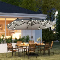 Outsunny Double-sided Outdoor Patio Umbrella with Solar Lights and Base, Dining Table Umbrella Push Button Tilt, Gray(m-2)