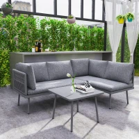 Outsunny 3 Pieces Outdoor Furniture Set, L Shaped Wicker Patio Furniture Conversation Set with Cushions, Steel Table, Grey(m-10)