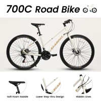 21-Speed 700C Road Hybrid Bike with Dual-Disc Brakes for Adults, 85% Pre-Assembled, 68" L x 27.5" W x 37.5" H, Cream(m-4)