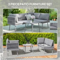 Outsunny 3 Pieces Outdoor Furniture Set, L Shaped Wicker Patio Furniture Conversation Set with Cushions, Steel Table, Grey(m-4)
