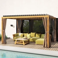 Outsunny 10' x 13' Outdoor Retractable Pergola w/ Sun Shade Louvered Top, Pergola w/ Canopy, Curtains, Netting, Natural Wood(m-8)