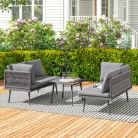 Outsunny 3 Pieces Outdoor Furniture Set, L Shaped Wicker Patio Furniture Conversation Set with Cushions, Steel Table, Grey(m-8)