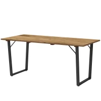 Outsunny Wooden Outdoor Dining Table for 6 with 2" Umbrella Hole, Slatted Tabletop, Metal Frame, for Yard, Deck, Lawn(m-2)