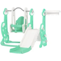 Qaba 4 in 1 Toddler Slide and Swing Set for Ages 1.5-4, Toddler Playset Playground with Climber, Basketball Hoop, Green(m-1)