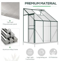 Outsunny Lean-to Greenhouse Walk-in Garden Aluminum Polycarbonate with Roof Vent for Plants Herbs Vegetables 6' x 4' x 7' Green(m-6)