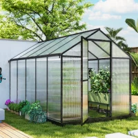 Outsunny 6' x 10' x 6.4' Polycarbonate Greenhouse, Aluminum Walk-In Green House Kit Garden, Plants Grow with Rain Gutter and Roof Vent, Charcoal Grey(m-10)