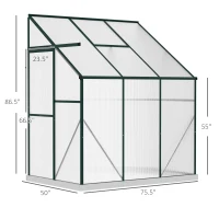 Outsunny Lean-to Greenhouse Walk-in Garden Aluminum Polycarbonate with Roof Vent for Plants Herbs Vegetables 6' x 4' x 7' Green(m-3)