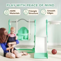 Qaba 4 in 1 Toddler Slide and Swing Set for Ages 1.5-4, Toddler Playset Playground with Climber, Basketball Hoop, Green(m-7)