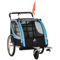 Aosom 2 Seat Bike Trailer for Kids 2-in-1 Double Baby Jogging Stroller with Handbrake, Rubber Wheels, 5 Point Harness, Waterproof Cover, Storage Bag, Reflectors, Blue(m-2)