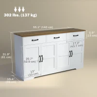 HOMCOM Sideboard Buffet Cabinet with Storage, Modern Coffee Bar Cabinet with 3 Drawers and Adjustable Shelves, Distressed White(m-3)