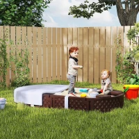 Qaba Kids Sandbox with Cover, 4 Corner Seats, Bottom Liner for Backyard, Garden, Outdoor, 71" x 42" W x 9", Dark Brown(m-9)